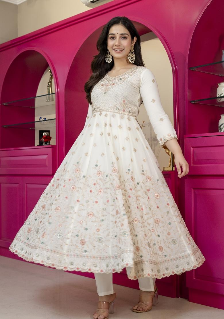 White Embroidered Faux Blooming Anarkali Set - Indya