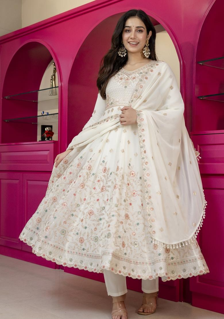White Embroidered Faux Blooming Anarkali Set - Indya