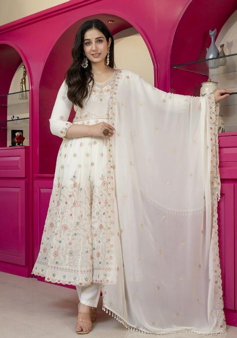White Embroidered Faux Blooming Anarkali Set