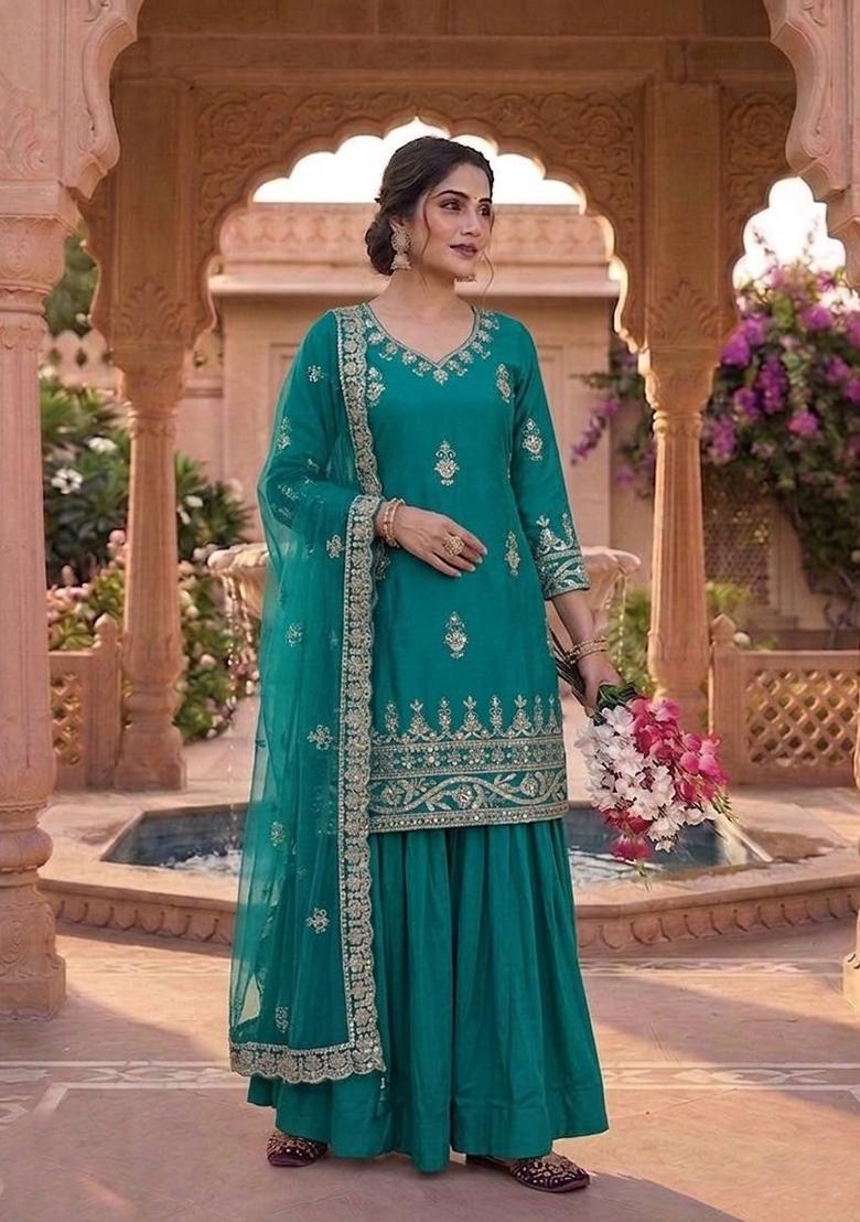 Green Embroidered Crepe Sharara Set - Indya