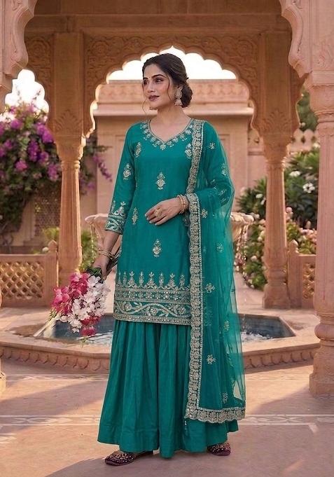 Green Embroidered Crepe Sharara Set