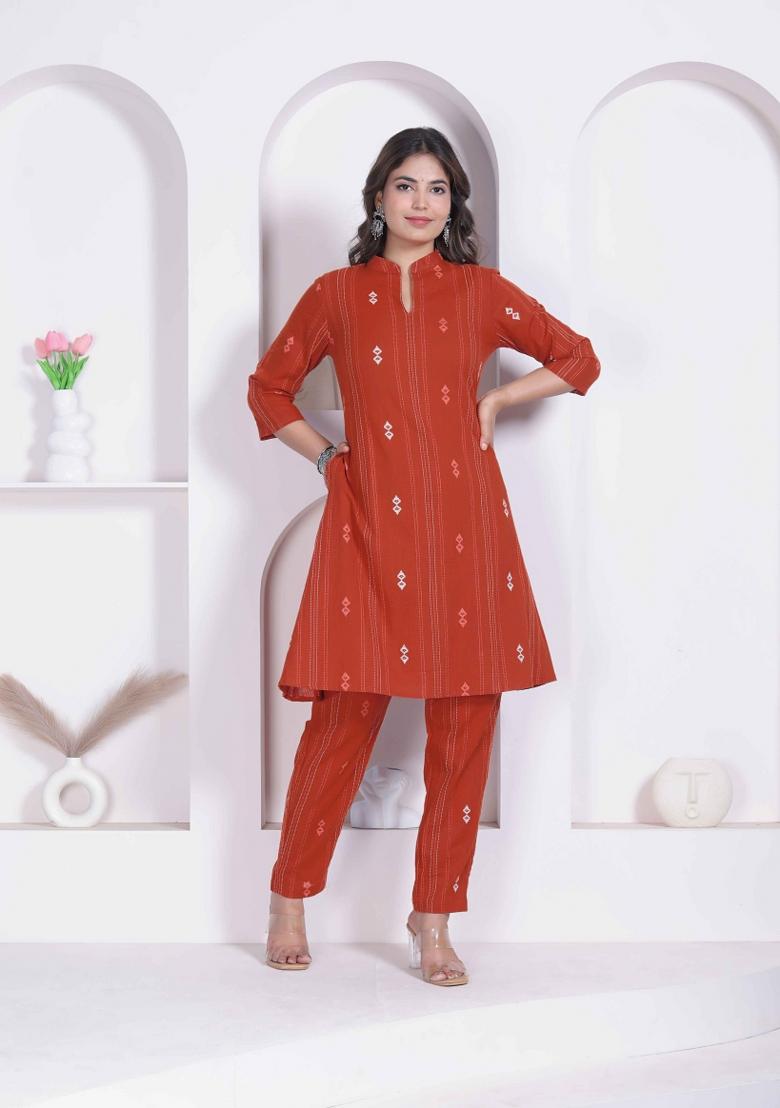 Rust Abstract Print Cotton Kurta Set - Indya