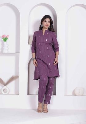 Wine Abstract Print Cotton Kurta Set