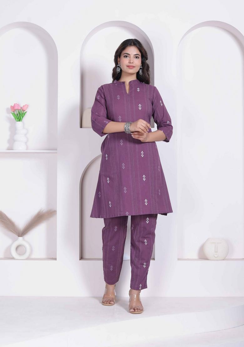 Wine Abstract Print Cotton Kurta Set - Indya
