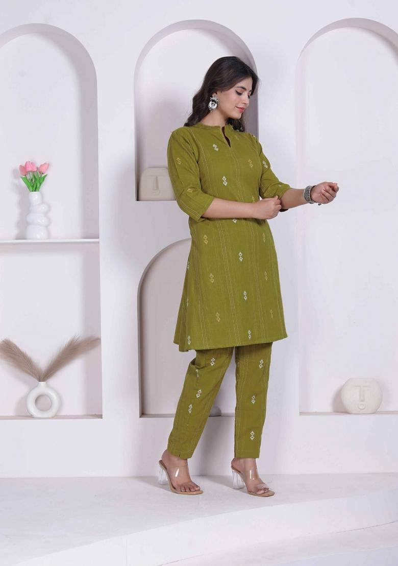 Green Abstract Print Cotton Kurta Set - Indya