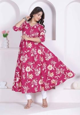 Pink Floral Print Cotton Anarkali