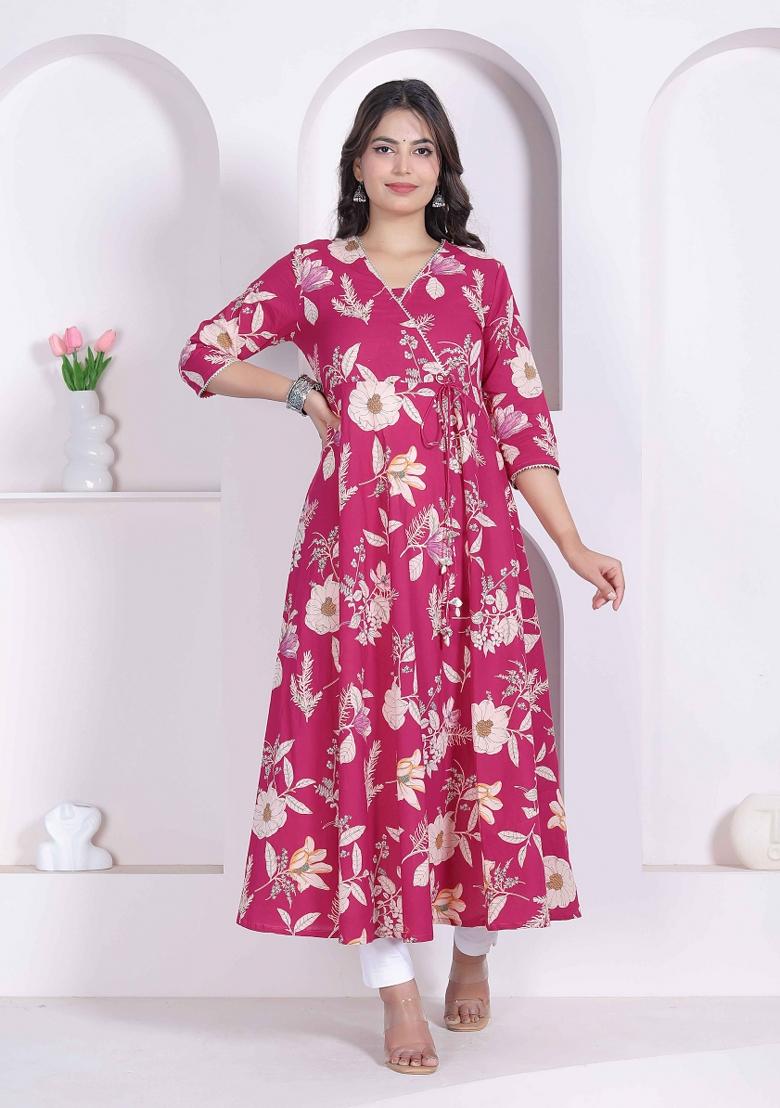 Pink Floral Print Cotton Anarkali - Indya