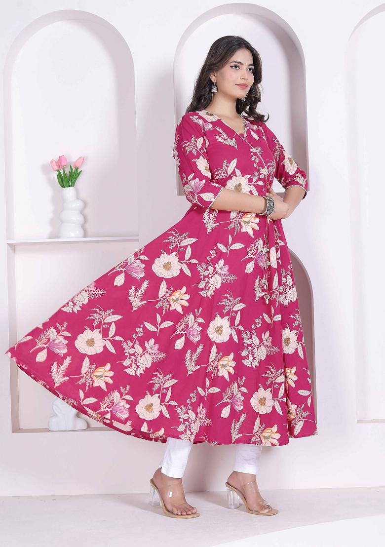 Pink Floral Print Cotton Anarkali - Indya