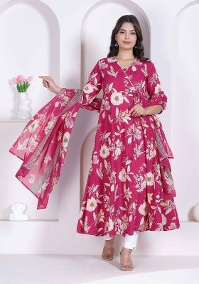 Pink Floral Print Cotton Anarkali With Dupatta