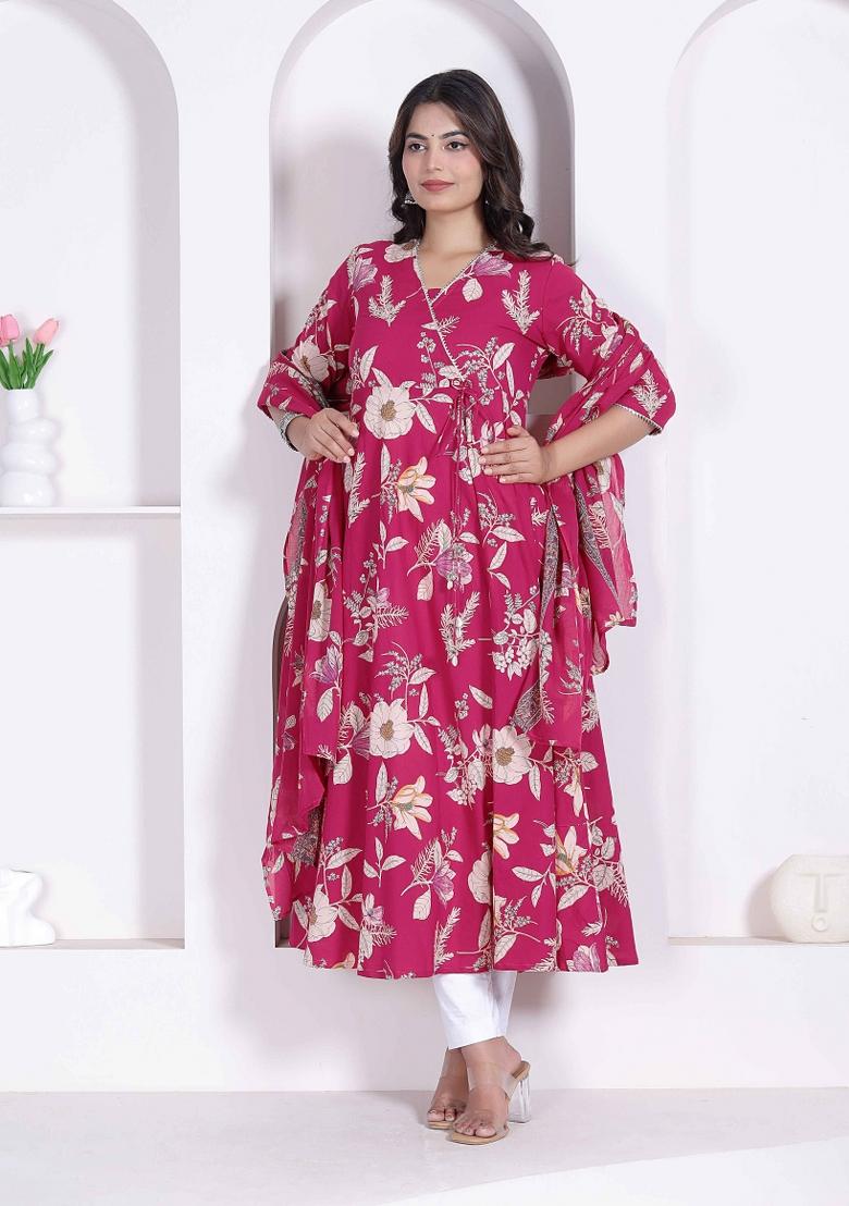 Pink Floral Print Cotton Anarkali With Dupatta - Indya