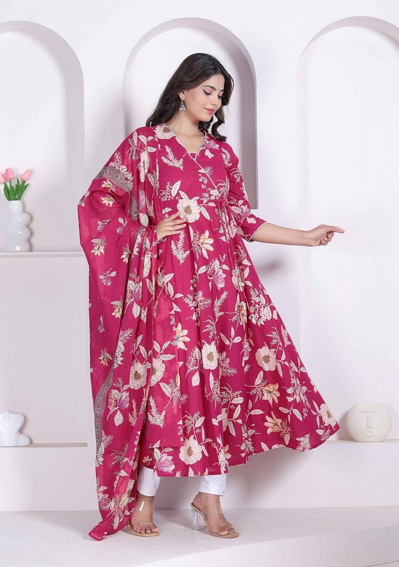 Pink Floral Print Cotton Anarkali With Dupatta - Indya