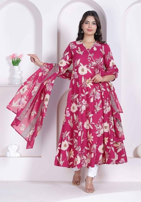 Pink Floral Print Cotton Anarkali With Dupatta