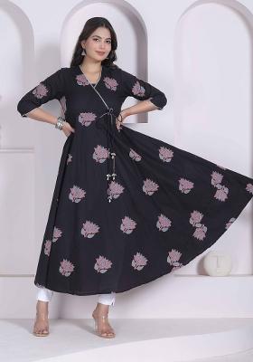 Black Floral Print Cotton Anarkali