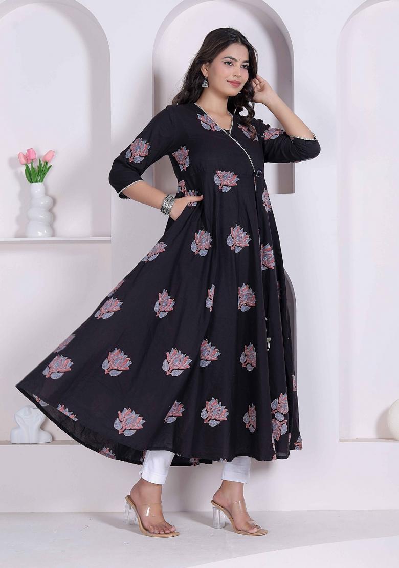Black Floral Print Cotton Anarkali - Indya