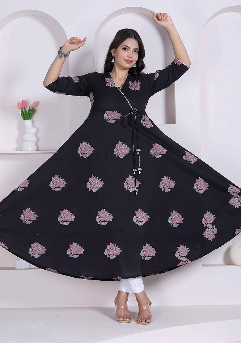 Black Floral Print Cotton Anarkali - Indya