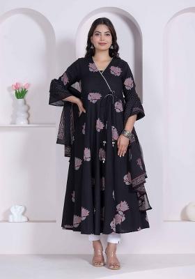 Black Floral Print Cotton Anarkali With Dupatta