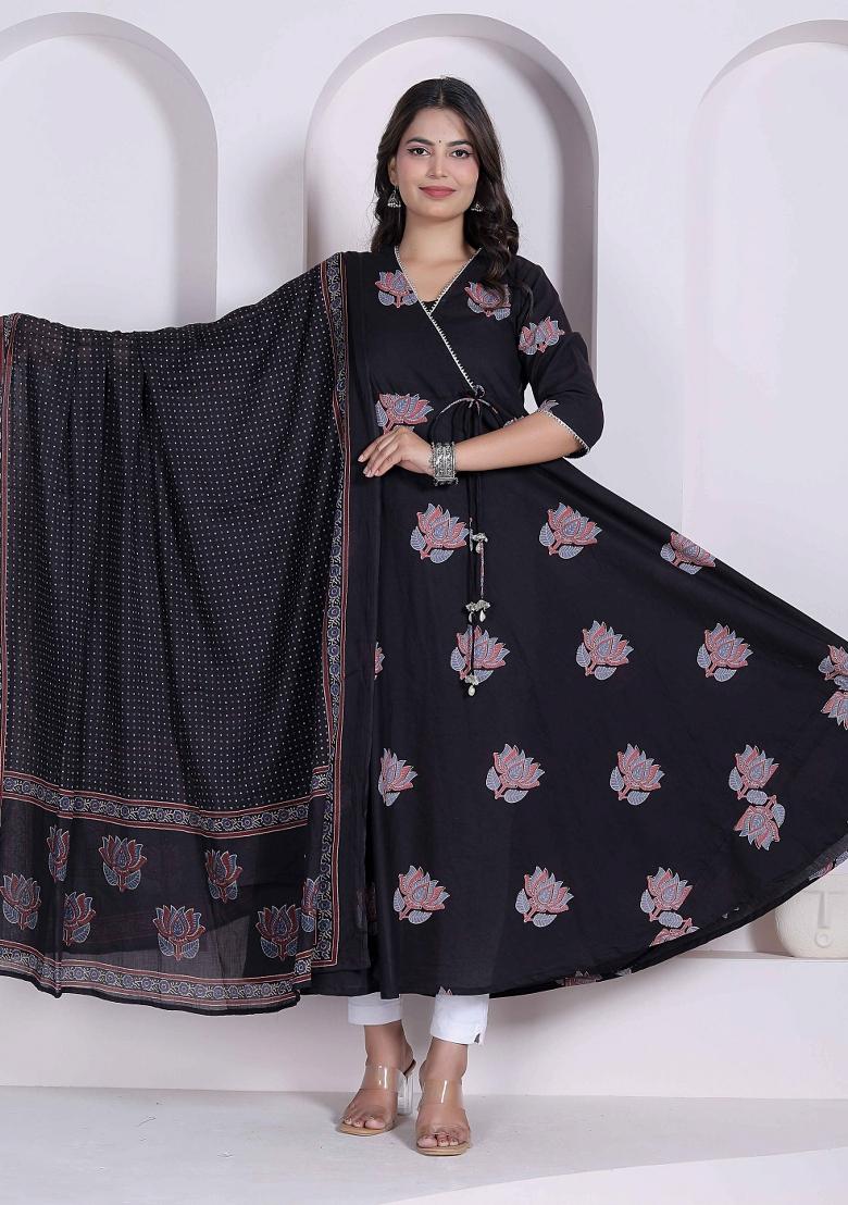 Black Floral Print Cotton Anarkali With Dupatta - Indya