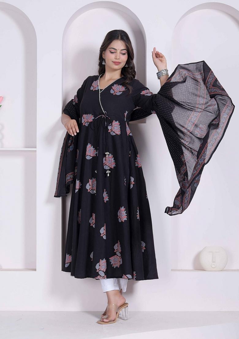 Black Floral Print Cotton Anarkali With Dupatta - Indya