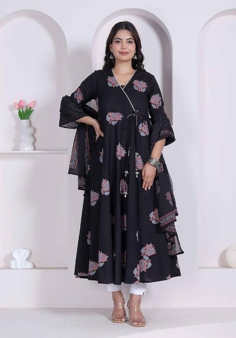 Black Floral Print Cotton Anarkali With Dupatta