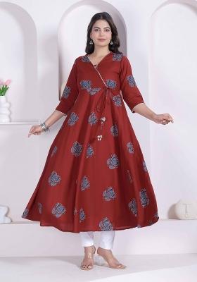 Rust Floral Print Cotton Anarkali