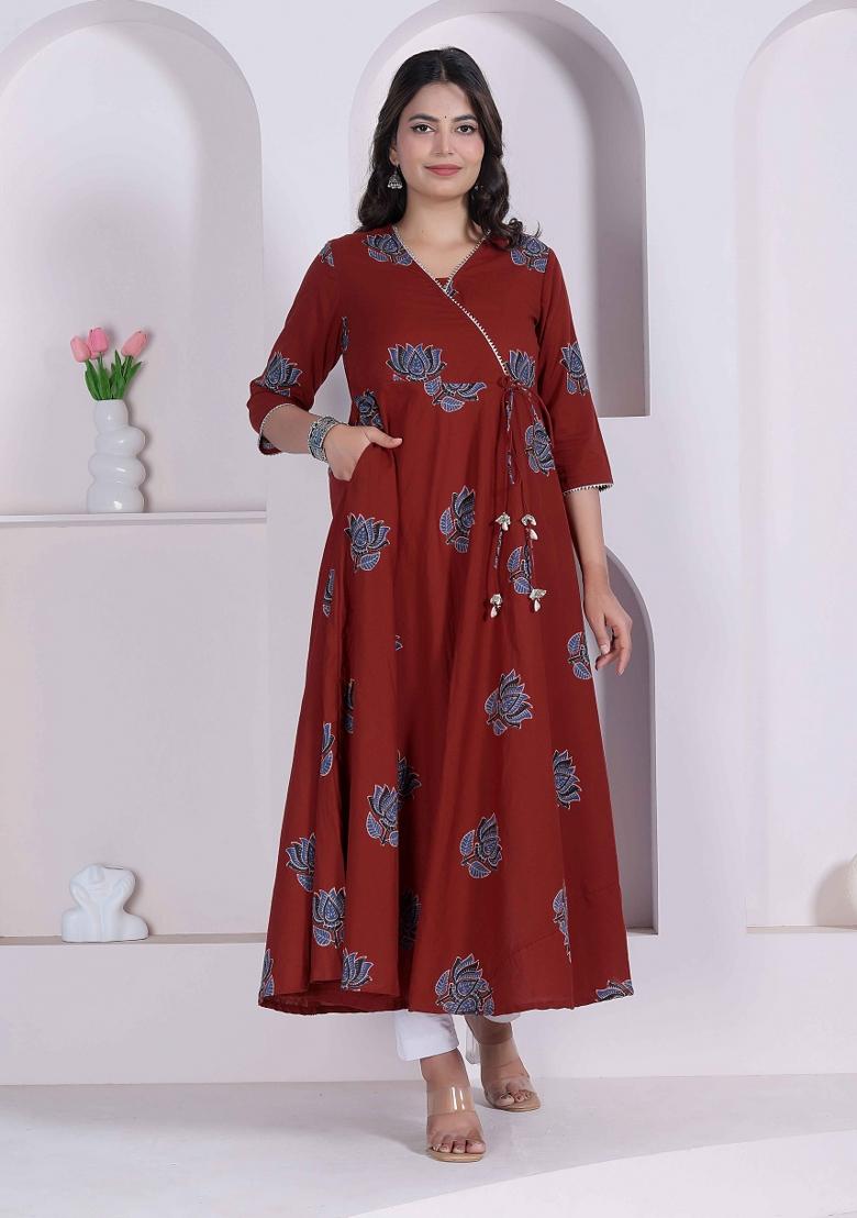 Rust Floral Print Cotton Anarkali - Indya