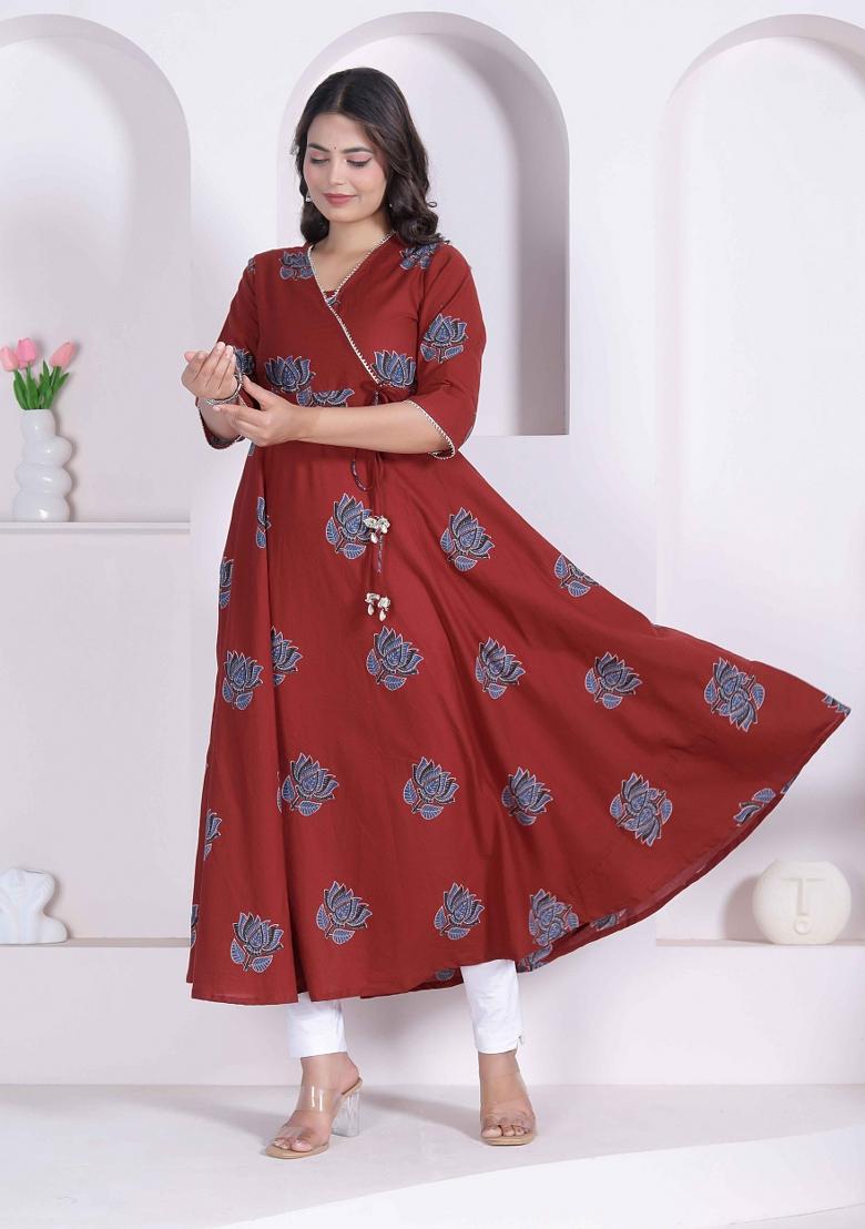Rust Floral Print Cotton Anarkali - Indya