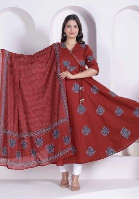 Rust Floral Print Cotton Anarkali With Dupatta