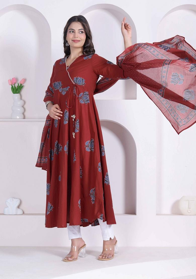 Rust Floral Print Cotton Anarkali With Dupatta - Indya