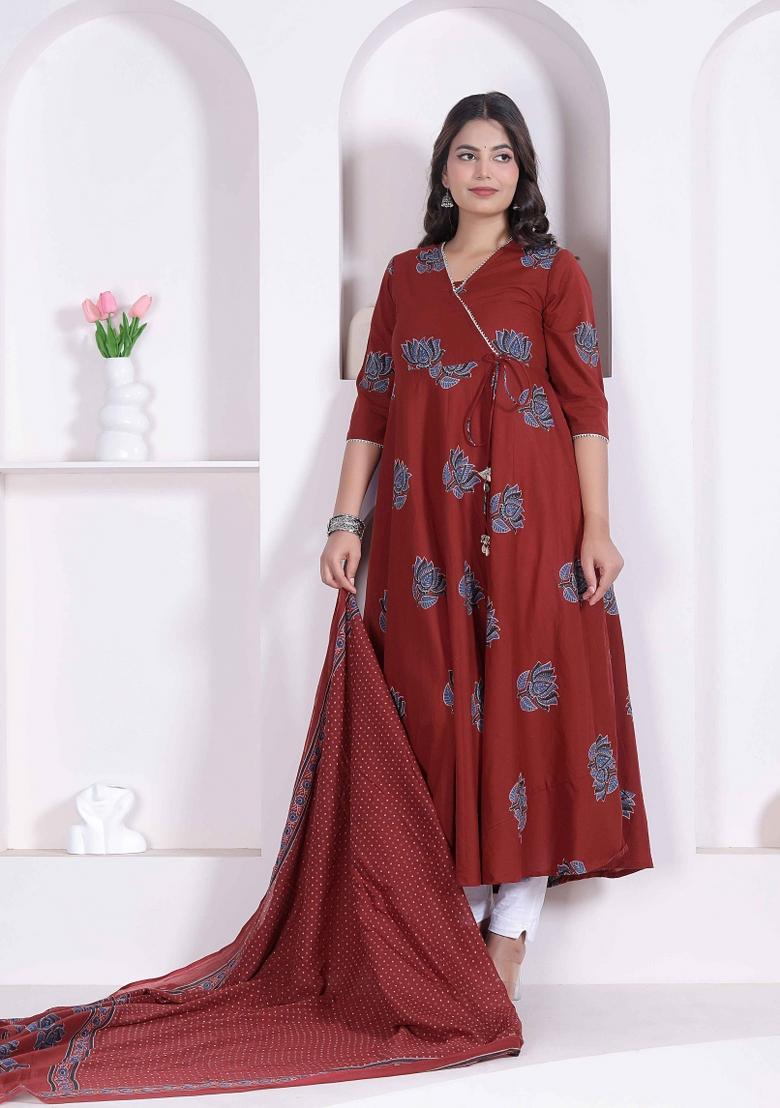 Rust Floral Print Cotton Anarkali With Dupatta - Indya