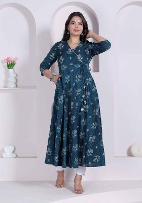 Blue Floral Print Cotton Anarkali