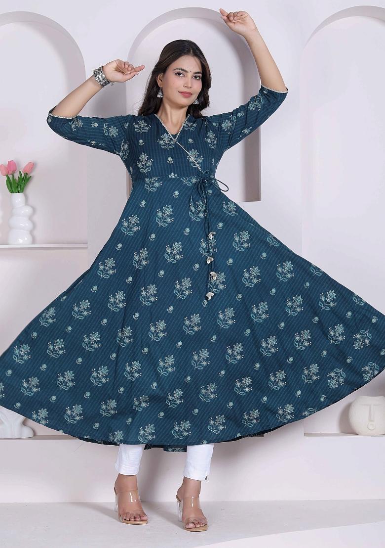 Blue Floral Print Cotton Anarkali - Indya