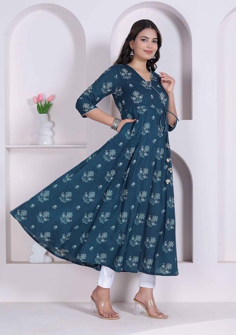 Blue Floral Print Cotton Anarkali - Indya
