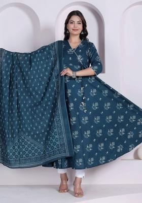 Blue Floral Print Cotton Anarkali With Dupatta
