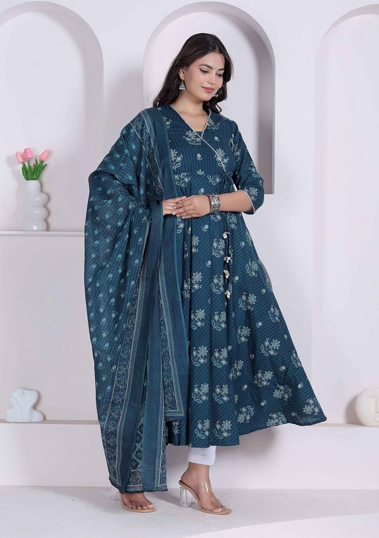 Blue Floral Print Cotton Anarkali With Dupatta - Indya