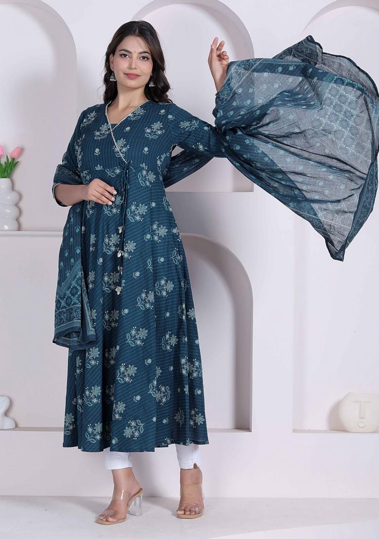 Blue Floral Print Cotton Anarkali With Dupatta - Indya