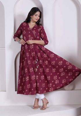 Maroon Floral Print Cotton Anarkali