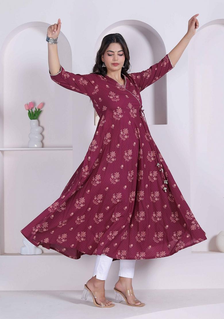 Maroon Floral Print Cotton Anarkali - Indya