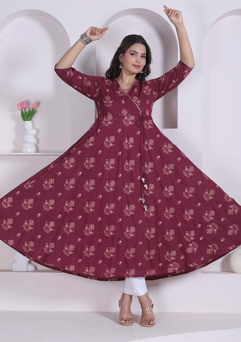 Maroon Floral Print Cotton Anarkali - Indya