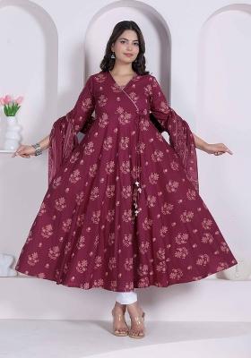Maroon Floral Print Cotton Anarkali With Dupatta