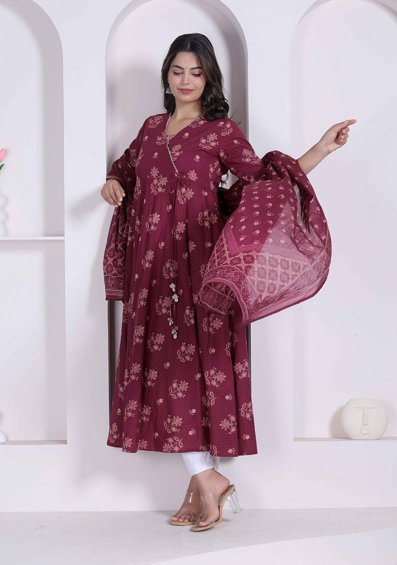 Maroon Floral Print Cotton Anarkali With Dupatta - Indya