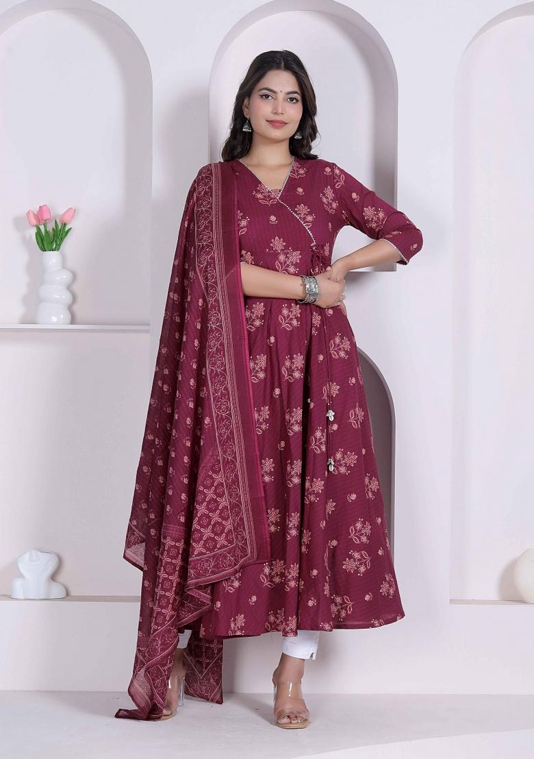 Maroon Floral Print Cotton Anarkali With Dupatta - Indya