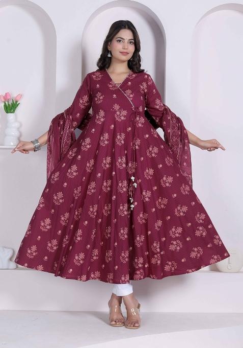 Maroon Floral Print Cotton Anarkali With Dupatta