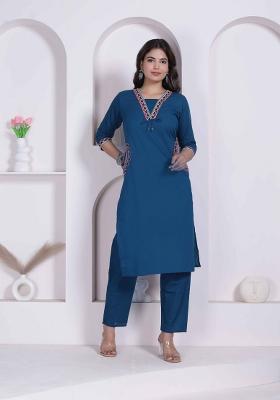 Blue Floral Print Cotton Kurta Set