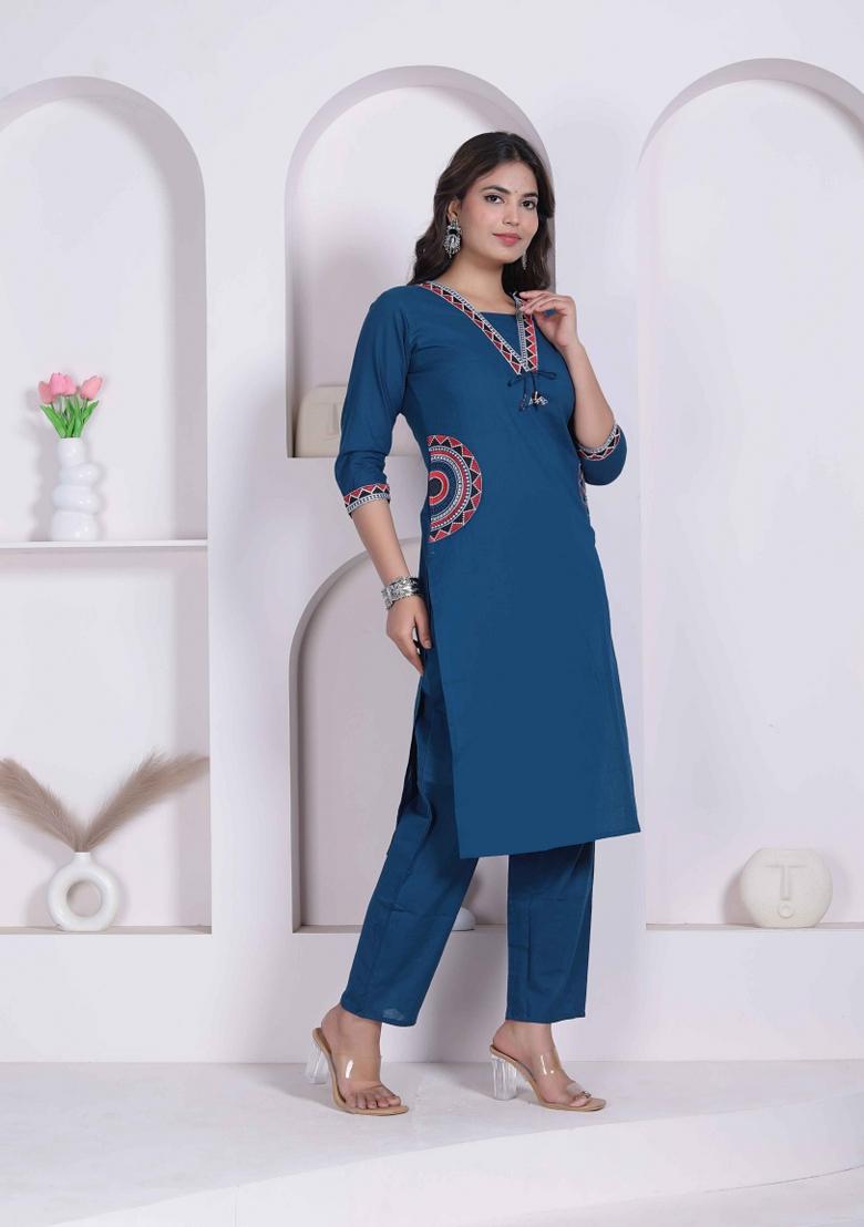 Blue Floral Print Cotton Kurta Set - Indya