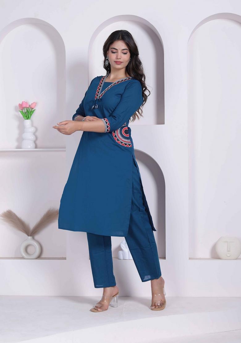 Blue Floral Print Cotton Kurta Set - Indya