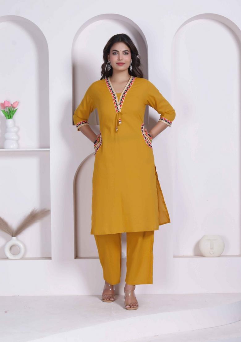 Yellow Floral Print Cotton Kurta Set - Indya