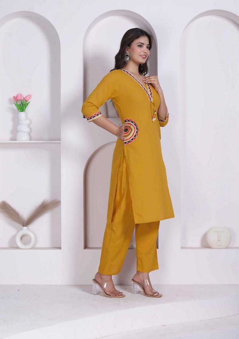Yellow Floral Print Cotton Kurta Set - Indya