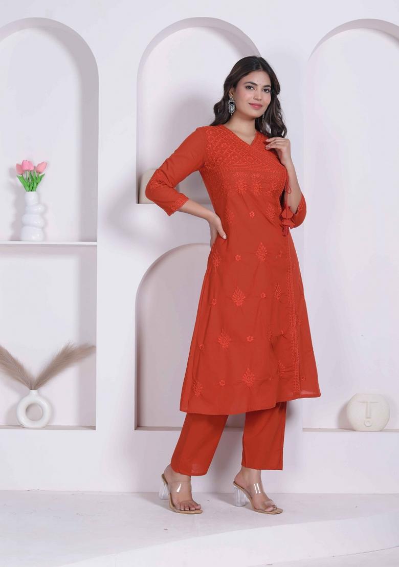 Rust Chikankari Cotton Kurta Set - Indya