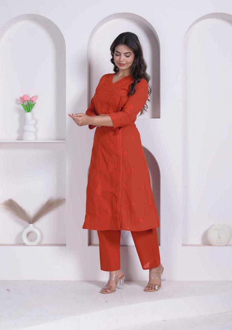 Rust Chikankari Cotton Kurta Set - Indya
