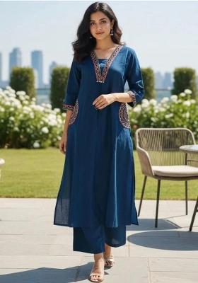Blue Floral Print Cotton Kurta Set